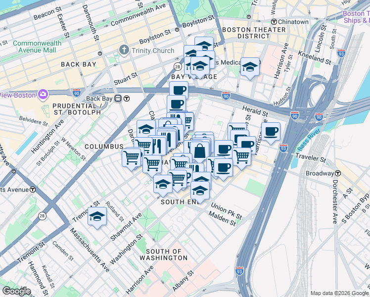 map of restaurants, bars, coffee shops, grocery stores, and more near 3 Hanson Street in Boston