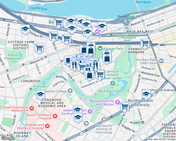 map of restaurants, bars, coffee shops, grocery stores, and more near 1355 Boylston Street in Boston
