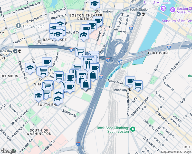 map of restaurants, bars, coffee shops, grocery stores, and more near 80 Traveler Street in Boston