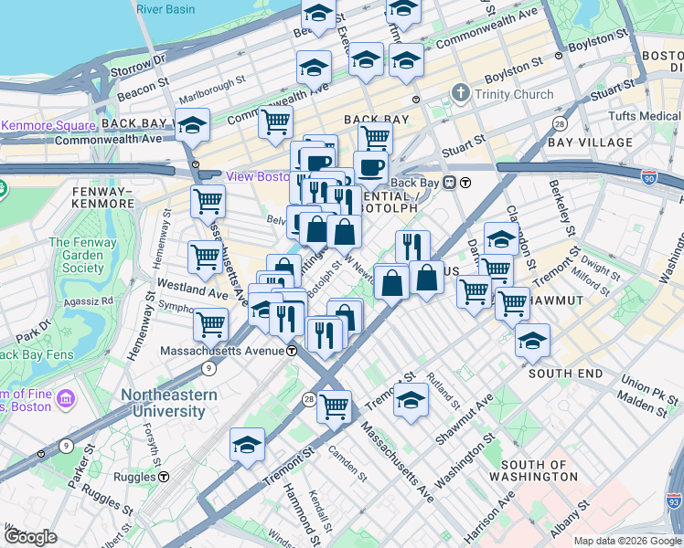 map of restaurants, bars, coffee shops, grocery stores, and more near 76 Claremont Street in Boston