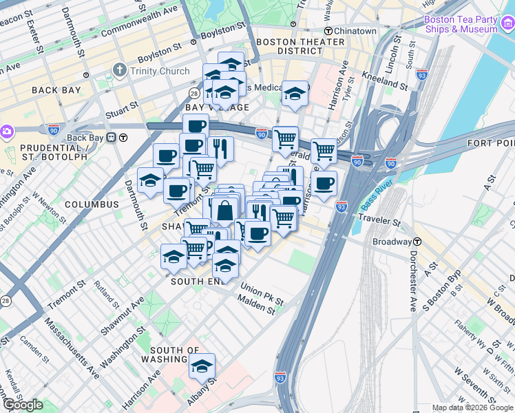 map of restaurants, bars, coffee shops, grocery stores, and more near 230 Shawmut Avenue in Boston