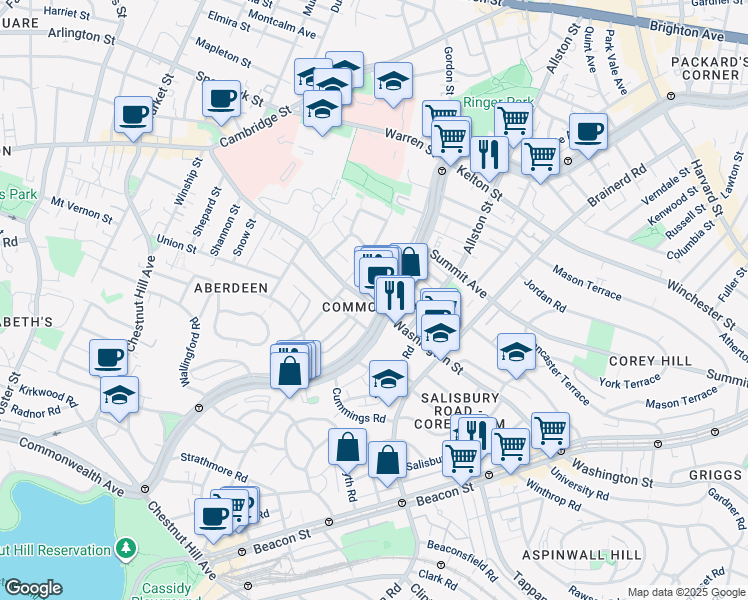 map of restaurants, bars, coffee shops, grocery stores, and more near 1619 Commonwealth Avenue in Boston