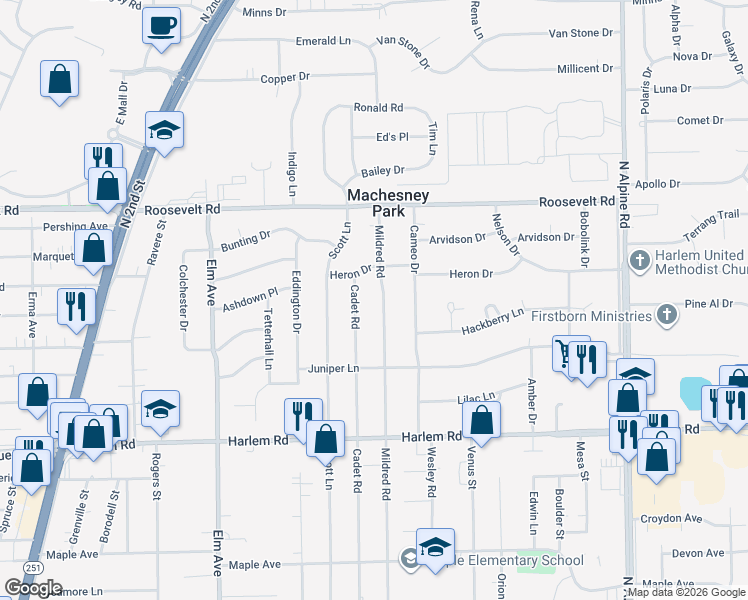 map of restaurants, bars, coffee shops, grocery stores, and more near 8303 Cadet Road in Machesney Park