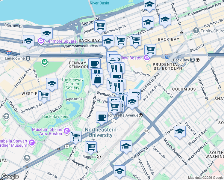 map of restaurants, bars, coffee shops, grocery stores, and more near 29 Symphony Road in Boston