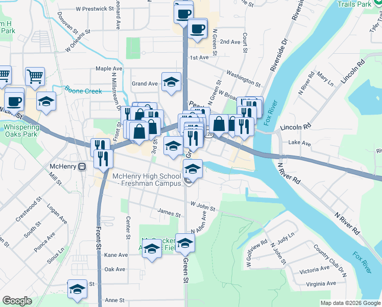 map of restaurants, bars, coffee shops, grocery stores, and more near 1204 North Green Street in McHenry