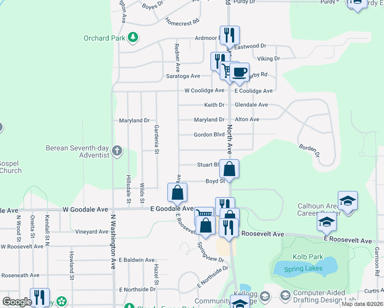 map of restaurants, bars, coffee shops, grocery stores, and more near 63 Stuart Boulevard in Battle Creek