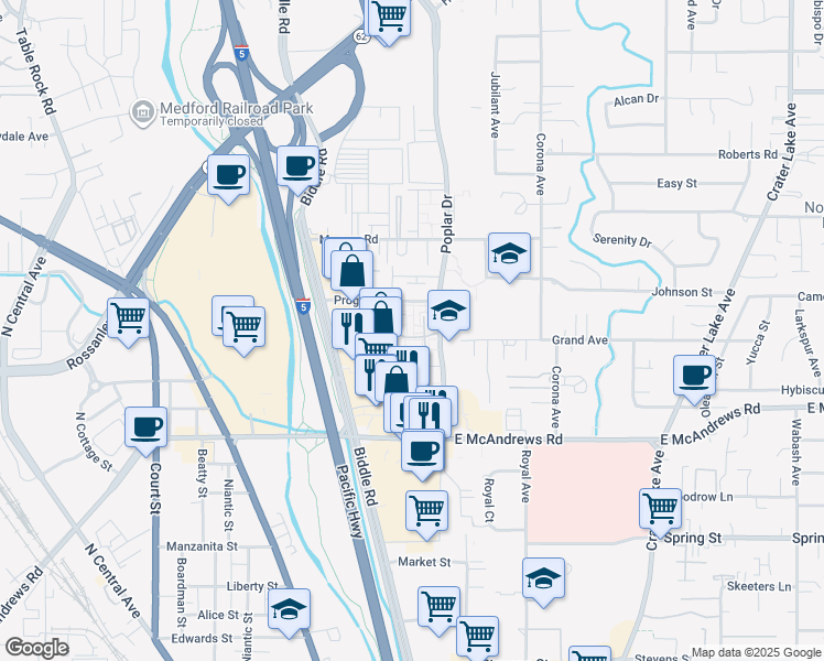 map of restaurants, bars, coffee shops, grocery stores, and more near 1487 Poplar Drive in Medford