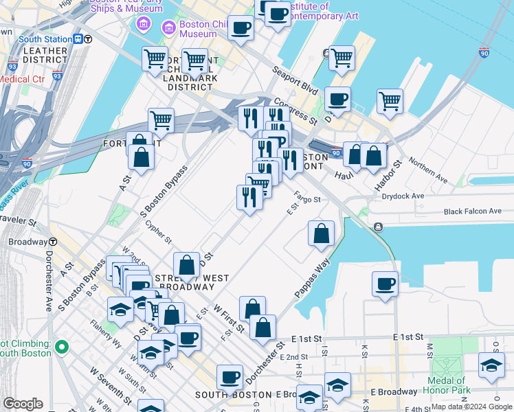 map of restaurants, bars, coffee shops, grocery stores, and more near 393 D Street in Boston