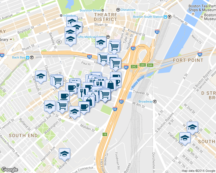 map of restaurants, bars, coffee shops, grocery stores, and more near 219 East Berkeley Street in Boston
