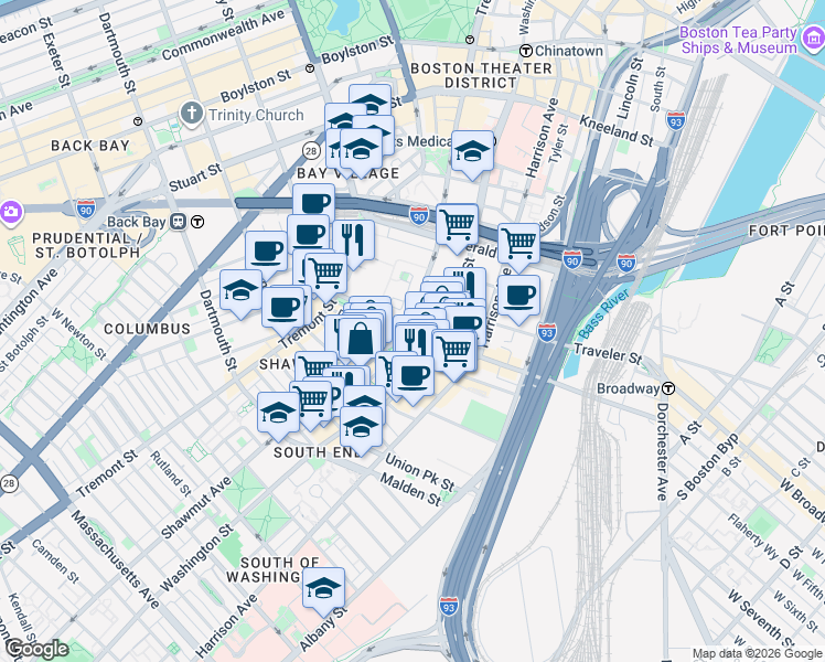 map of restaurants, bars, coffee shops, grocery stores, and more near 230 Shawmut Avenue in Boston