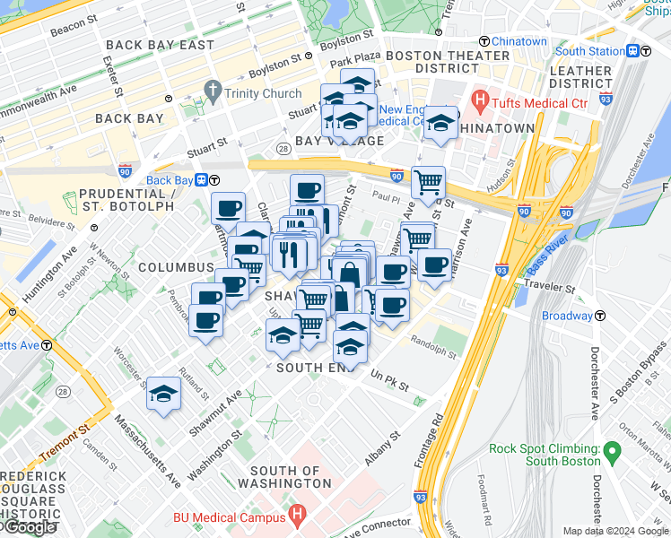 map of restaurants, bars, coffee shops, grocery stores, and more near 3 Hanson Street in Boston