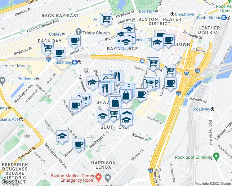 map of restaurants, bars, coffee shops, grocery stores, and more near 3 Hanson Street in Boston