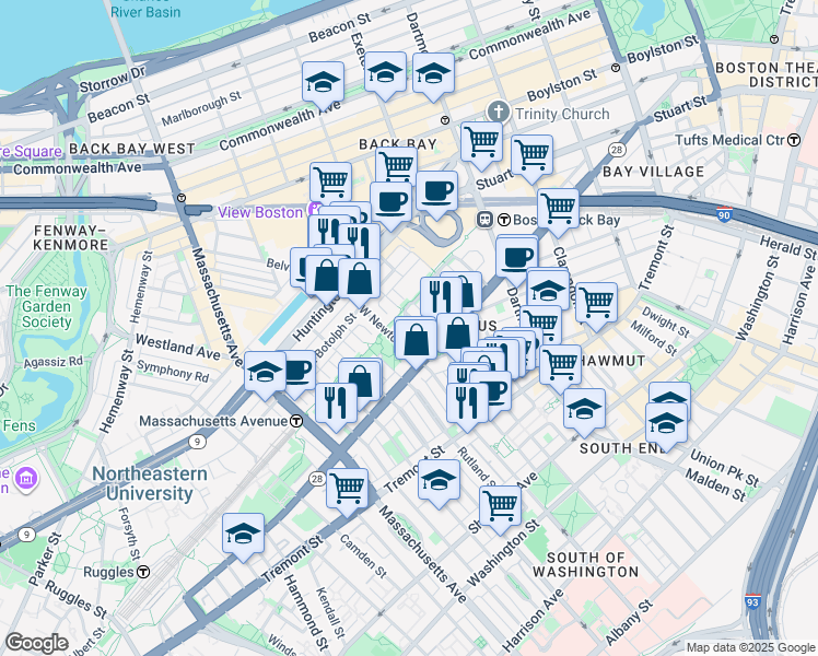 map of restaurants, bars, coffee shops, grocery stores, and more near 195 West Newton Street in Boston