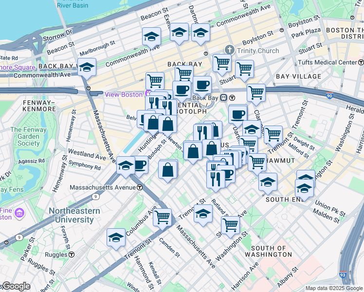map of restaurants, bars, coffee shops, grocery stores, and more near 195 West Newton Street in Boston