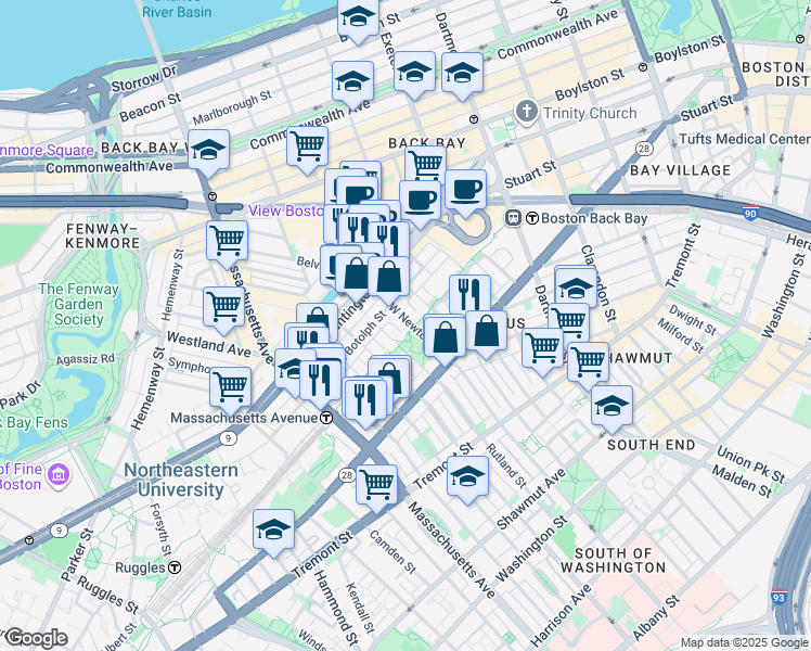 map of restaurants, bars, coffee shops, grocery stores, and more near 76 Claremont Street in Boston