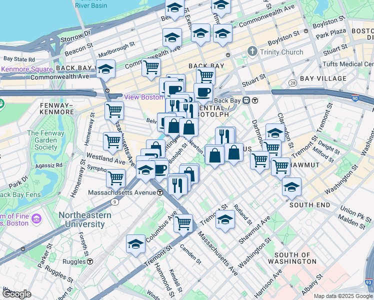 map of restaurants, bars, coffee shops, grocery stores, and more near 76 Claremont Street in Boston
