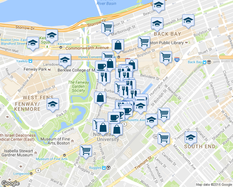 map of restaurants, bars, coffee shops, grocery stores, and more near 29 Symphony Road in Boston