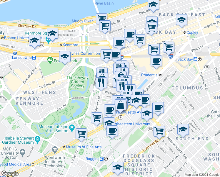 map of restaurants, bars, coffee shops, grocery stores, and more near 29 Symphony Road in Boston