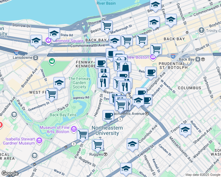 map of restaurants, bars, coffee shops, grocery stores, and more near 29 Symphony Road in Boston