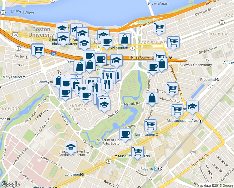 map of restaurants, bars, coffee shops, grocery stores, and more near 11 Queensberry Street in Boston