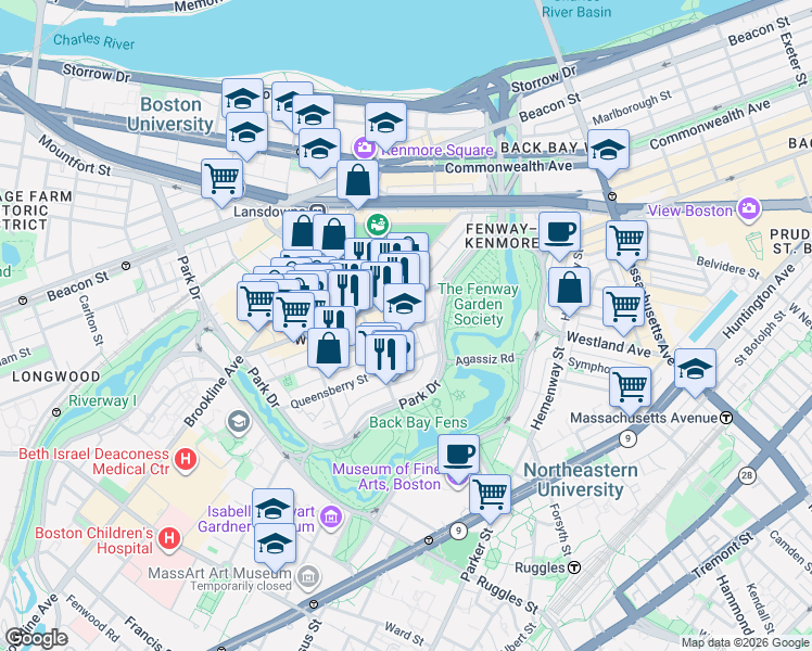 map of restaurants, bars, coffee shops, grocery stores, and more near 11 Queensberry Street in Boston