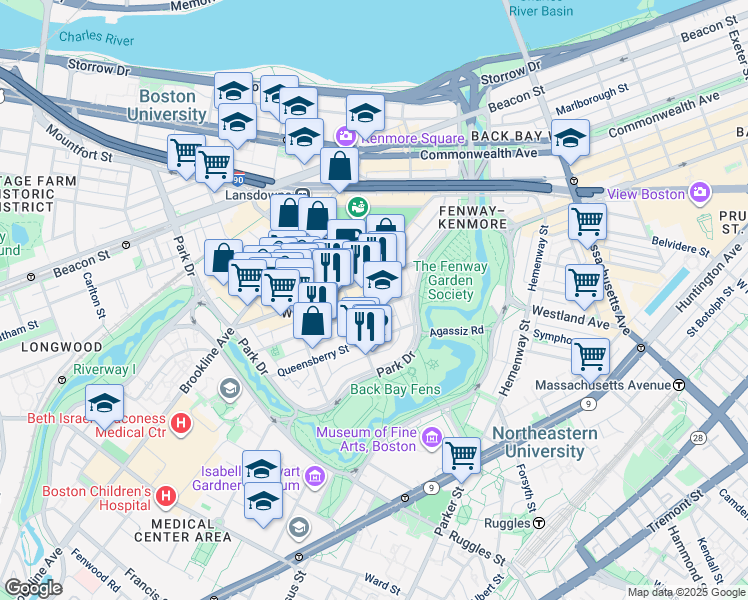 map of restaurants, bars, coffee shops, grocery stores, and more near 119 Jersey Street in Boston