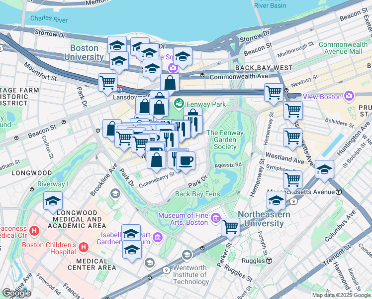 map of restaurants, bars, coffee shops, grocery stores, and more near 119 Jersey Street in Boston