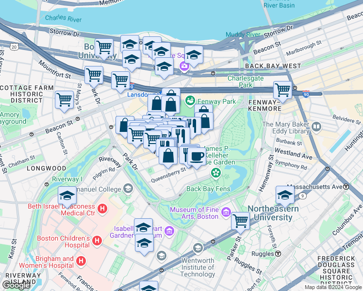 map of restaurants, bars, coffee shops, grocery stores, and more near 85 Peterborough Street in Boston