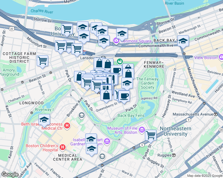 map of restaurants, bars, coffee shops, grocery stores, and more near 85 Peterborough Street in Boston