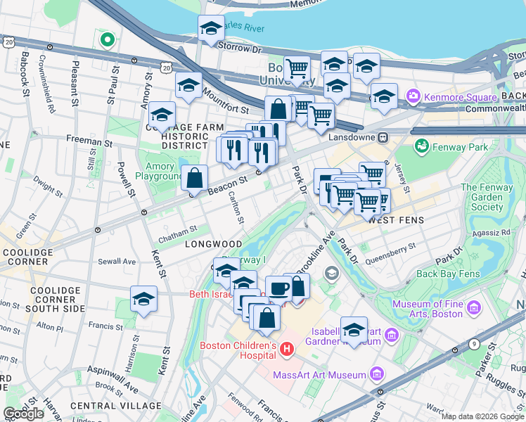 map of restaurants, bars, coffee shops, grocery stores, and more near 3 Carlton Street in Brookline
