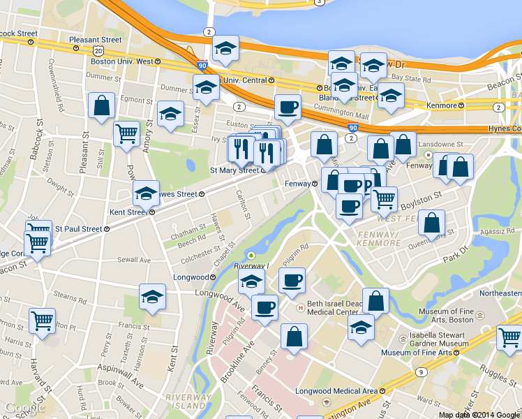 map of restaurants, bars, coffee shops, grocery stores, and more near 3 Carlton Street in Brookline
