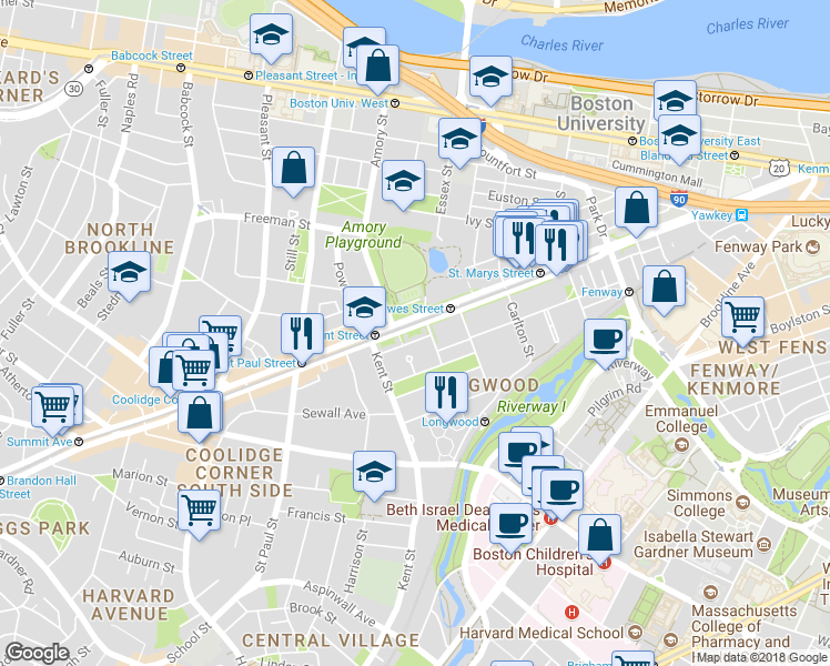 map of restaurants, bars, coffee shops, grocery stores, and more near 33 Chatham Street in Brookline