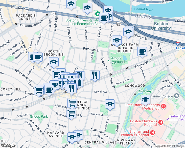 map of restaurants, bars, coffee shops, grocery stores, and more near 3 James Street in Brookline
