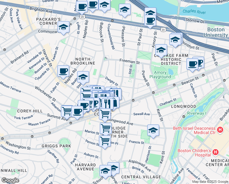 map of restaurants, bars, coffee shops, grocery stores, and more near 31 Pleasant Street in Brookline