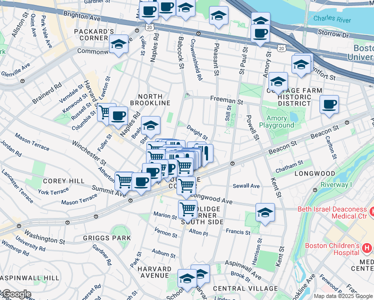 map of restaurants, bars, coffee shops, grocery stores, and more near 26 John Street in Brookline