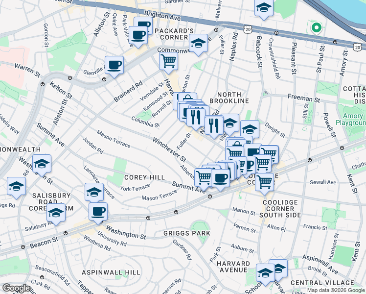 map of restaurants, bars, coffee shops, grocery stores, and more near 104 Winchester Street in Brookline