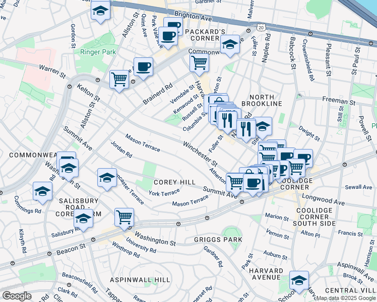 map of restaurants, bars, coffee shops, grocery stores, and more near 193 Mason Terrace in Brookline