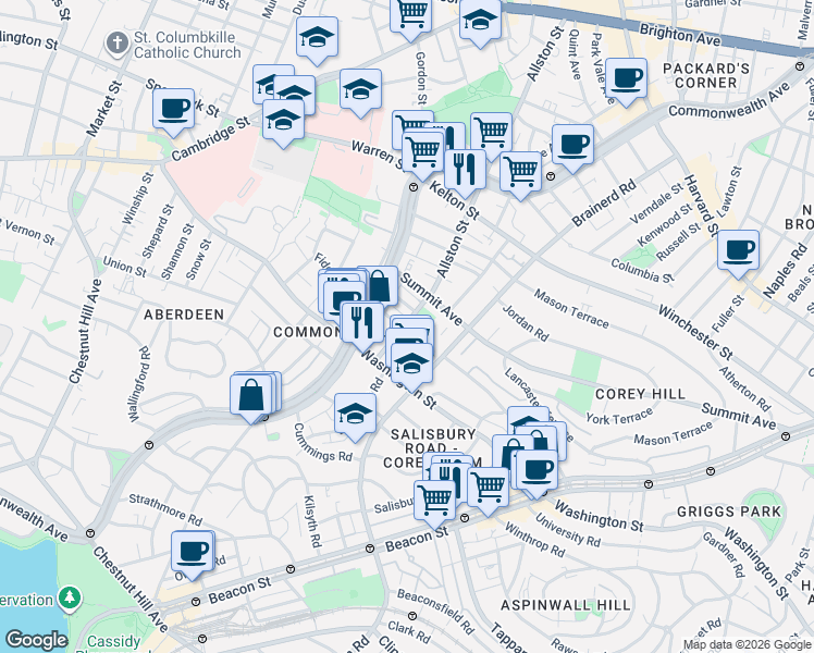 map of restaurants, bars, coffee shops, grocery stores, and more near 170 Corey Road in Boston