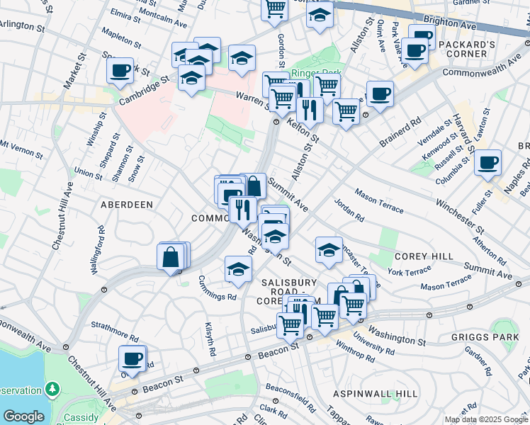 map of restaurants, bars, coffee shops, grocery stores, and more near 170 Corey Road in Boston