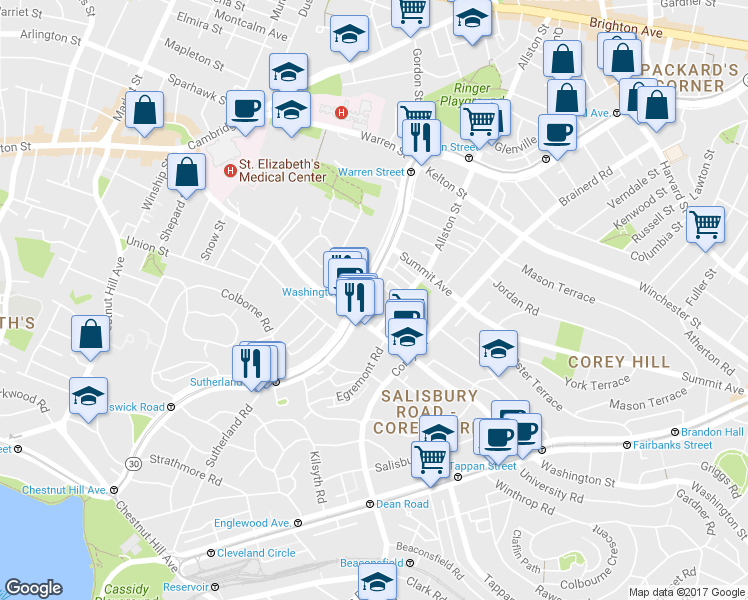map of restaurants, bars, coffee shops, grocery stores, and more near 319 Allston Street in Boston
