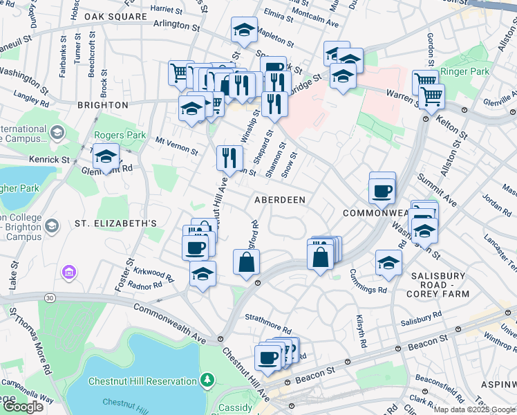 map of restaurants, bars, coffee shops, grocery stores, and more near 57 Wallingford Road in Boston