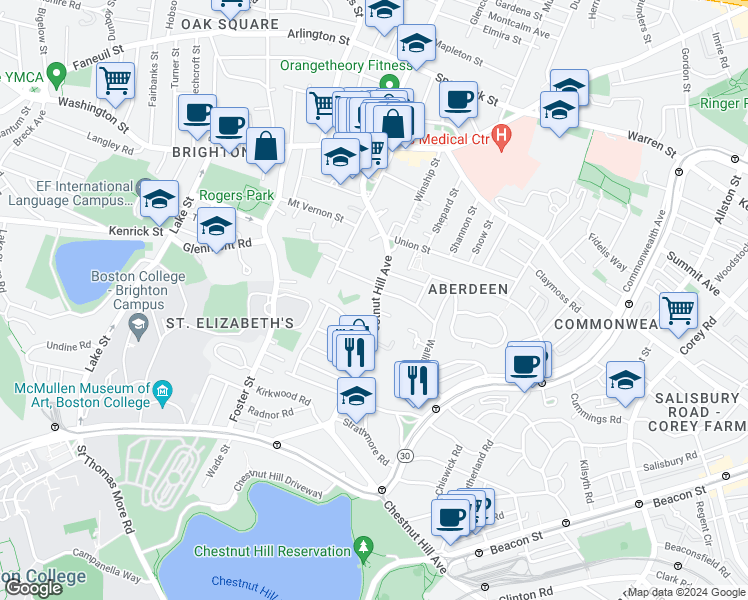 map of restaurants, bars, coffee shops, grocery stores, and more near 4 Wiltshire Road in Boston