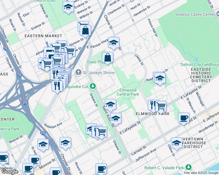 map of restaurants, bars, coffee shops, grocery stores, and more near 1938 Hyde Park Road in Detroit