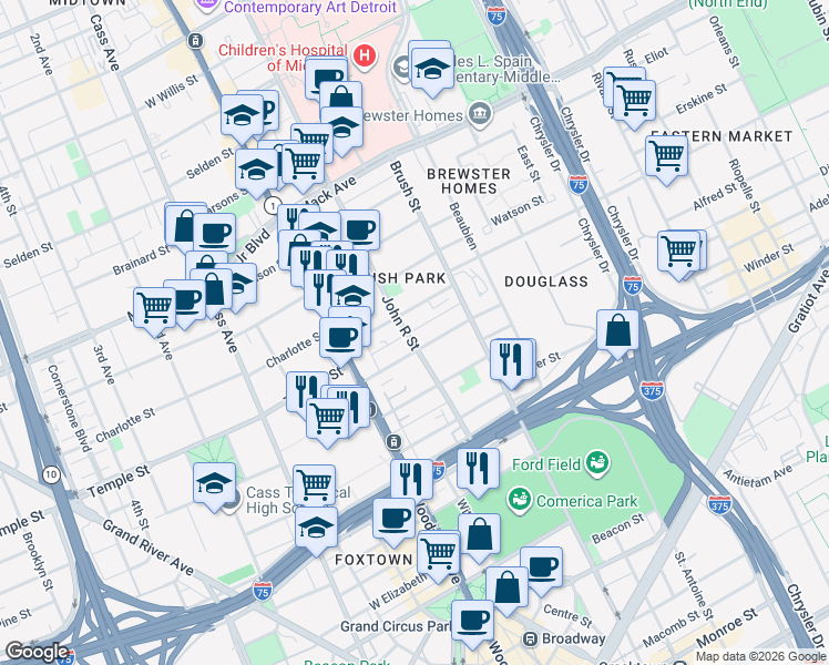 map of restaurants, bars, coffee shops, grocery stores, and more near 2750 John R Street in Detroit