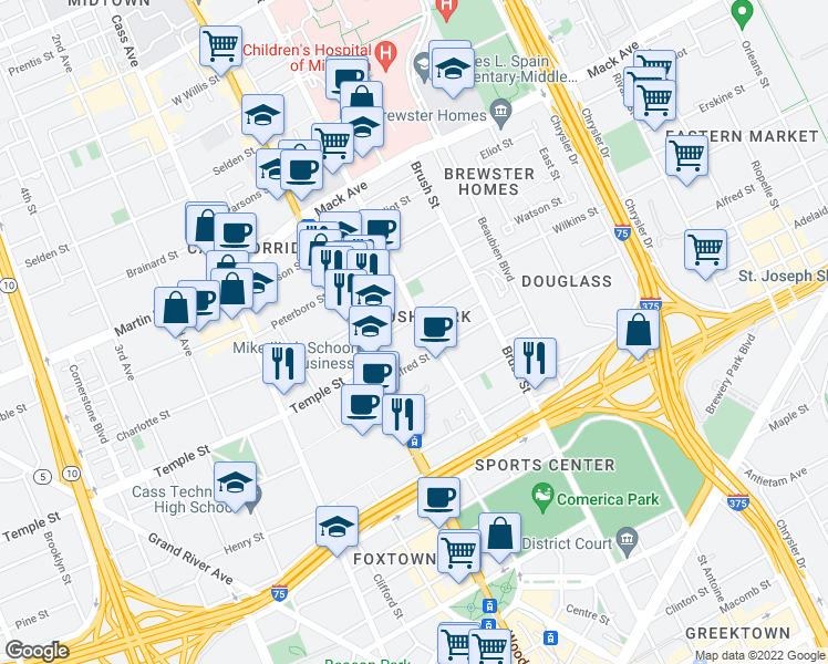 map of restaurants, bars, coffee shops, grocery stores, and more near 79 Alfred Street in Detroit