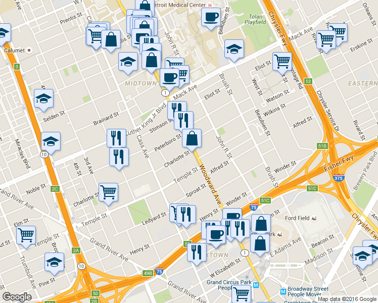 map of restaurants, bars, coffee shops, grocery stores, and more near 35 Charlotte Street in Detroit