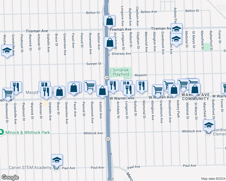 map of restaurants, bars, coffee shops, grocery stores, and more near in Detroit