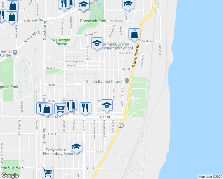 map of restaurants, bars, coffee shops, grocery stores, and more near 846 Lenox Avenue in Waukegan