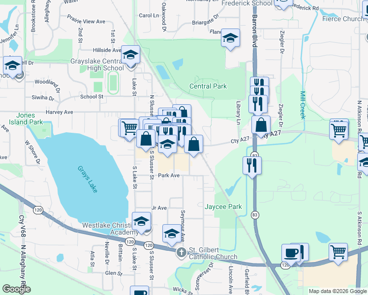 map of restaurants, bars, coffee shops, grocery stores, and more near 217 Center Street in Grayslake