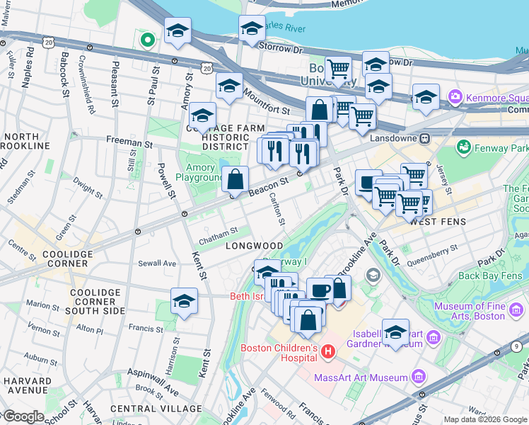 map of restaurants, bars, coffee shops, grocery stores, and more near 51 Colchester St in Brookline
